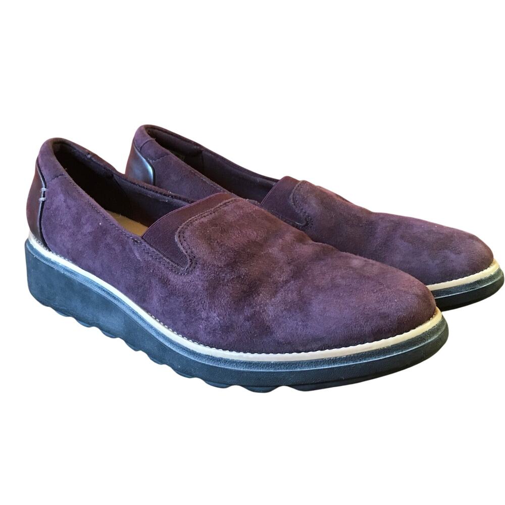 Clarks Calla Rae Maroon Burgundy Suede Slip on Loafer Womens 7.5 W Smart Casual